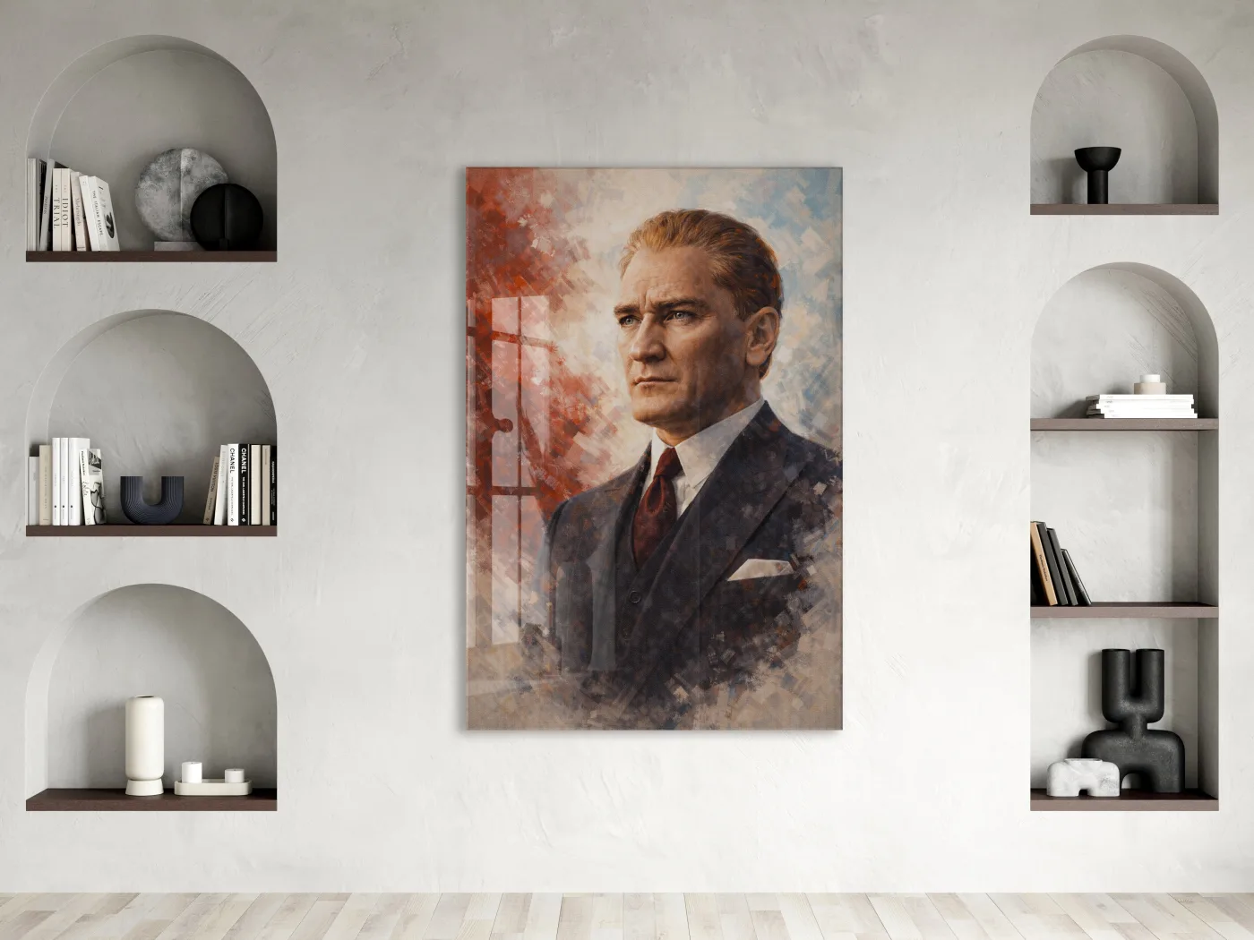 Atatürk Portresi Cam Baskı Tablo | Modern Sanatsal Stil, 4mm Temperli Cam, Yüksek Çözünürlüklü UV Baskı, Ofis ve Salon Duvar Dekoru PeonyAta039 — görsel 2