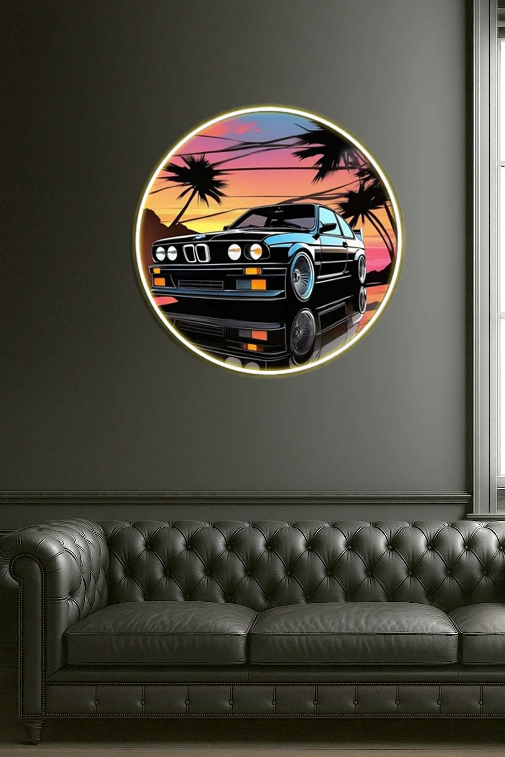 Retro BMW Tarzı Yuvarlak UV Baskı Neon Duvar Dekoru | Gün Batımı Temalı Pleksi Işıklı Tablo | Modern Ev Dekoru — görsel 4