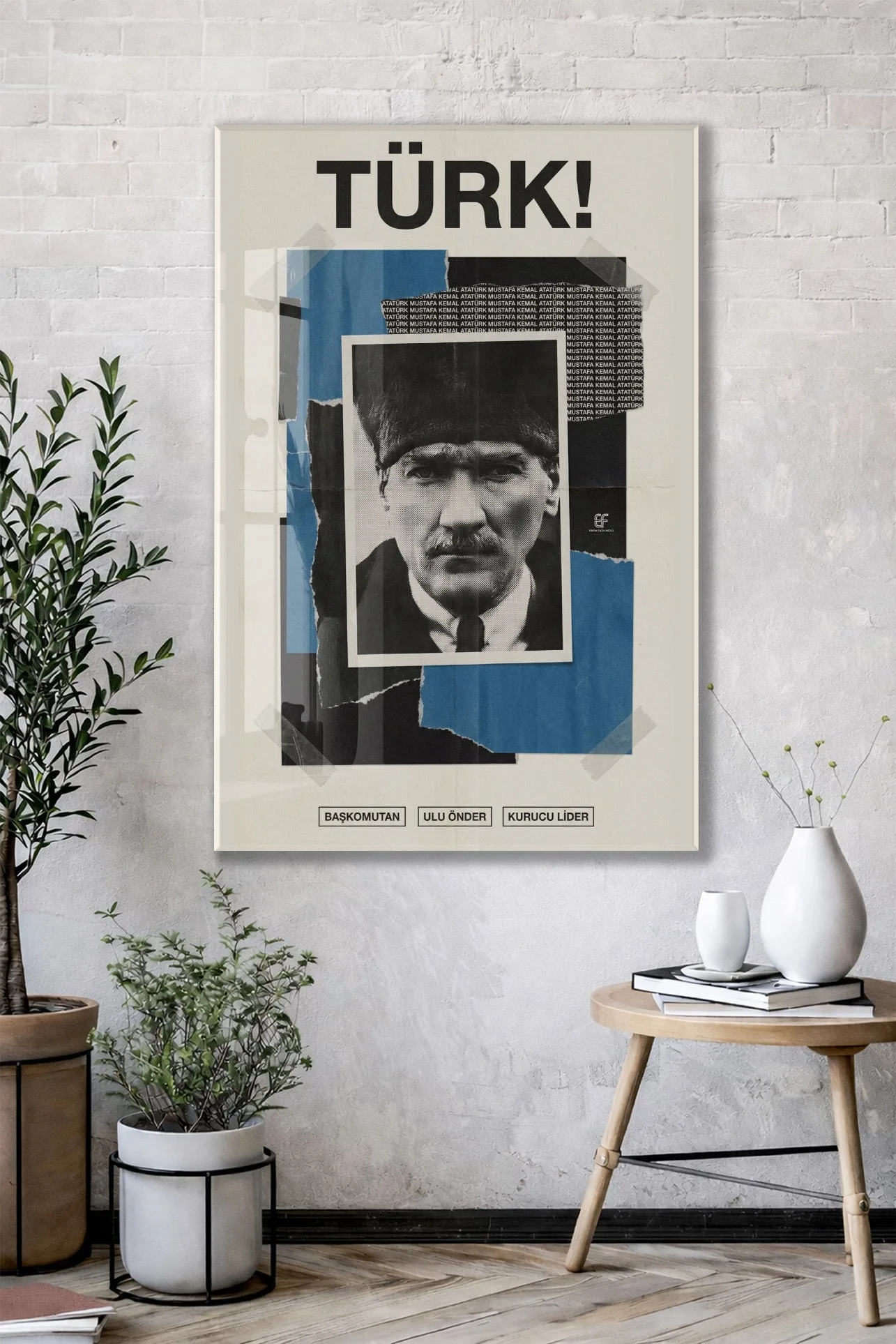 Mustafa Kemal Atatürk Türk! Başkomutan Cam Tablo – Modern Kolaj Tasarım Atatürk Duvar Dekoru -PeonyAta074 — görsel 2