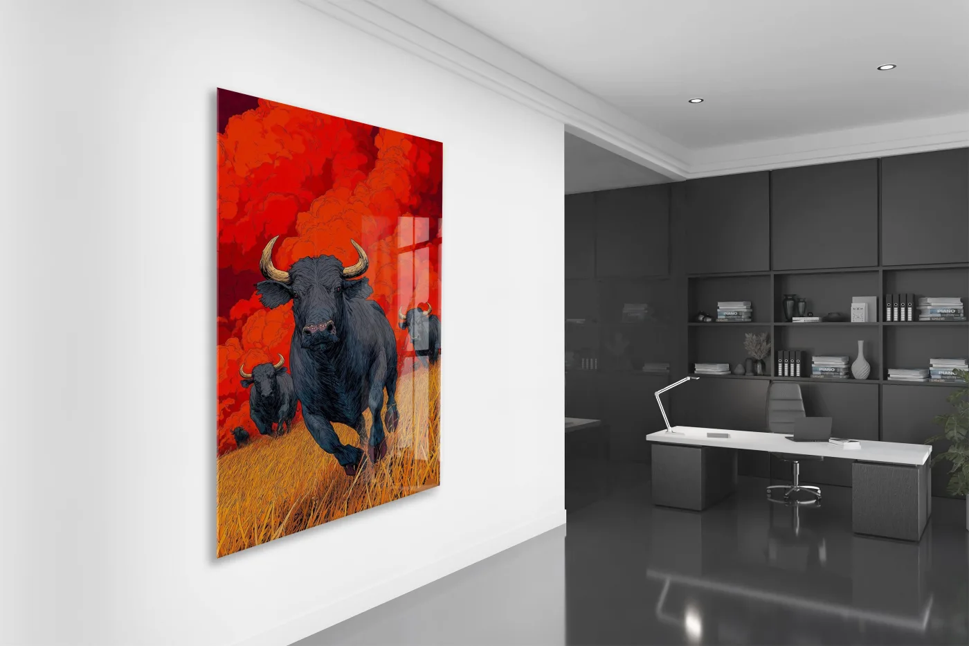 Koşan Boğa Figürlü Cam Tablo – Kırmızı Arka Planlı Modern Güç Temalı Duvar Dekoru - Peony074 — görsel 5
