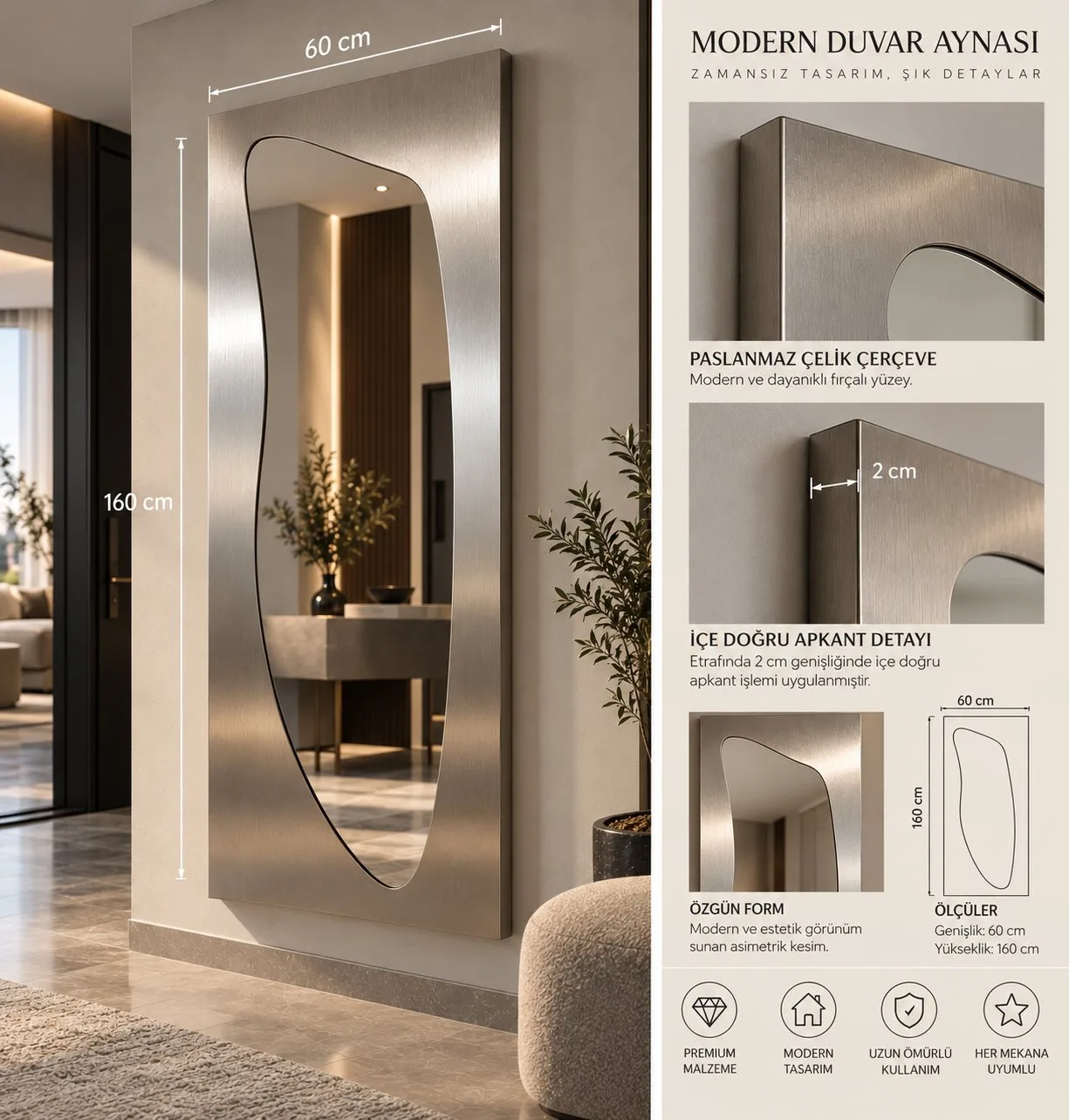 Vega | Paslanmaz Çelik Boy Aynası – 60x160 cm Fırçalı Çelik Çerçeveli Asimetrik Tam Boy Dekoratif Duvar Aynası 2 cm Apkant Modern Tasarım — görsel 6