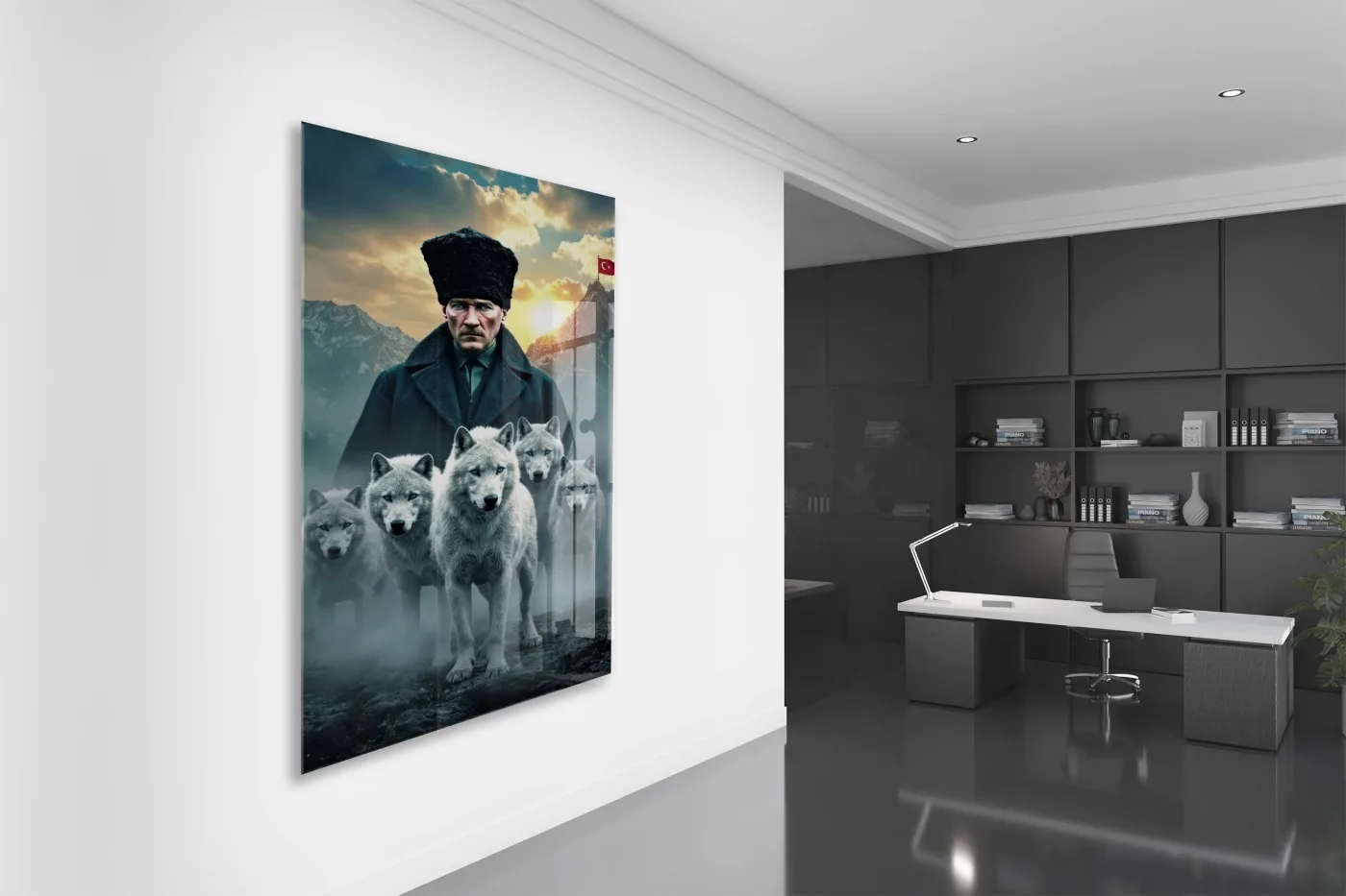 Atatürk ve Kurtlar Cam Baskı Tablo | Güç ve Liderlik Temalı Modern Sanatsal Duvar Dekoru, 4mm Temperli Cam, Yüksek Çözünürlüklü UV Baskı PeonyAta043 — görsel 5