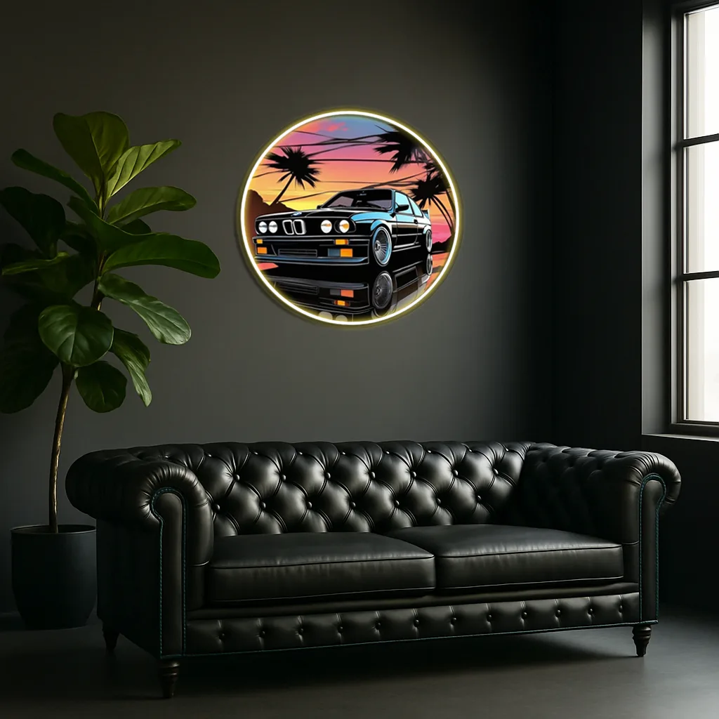 Retro BMW Tarzı Yuvarlak UV Baskı Neon Duvar Dekoru | Gün Batımı Temalı Pleksi Işıklı Tablo | Modern Ev Dekoru — görsel 1