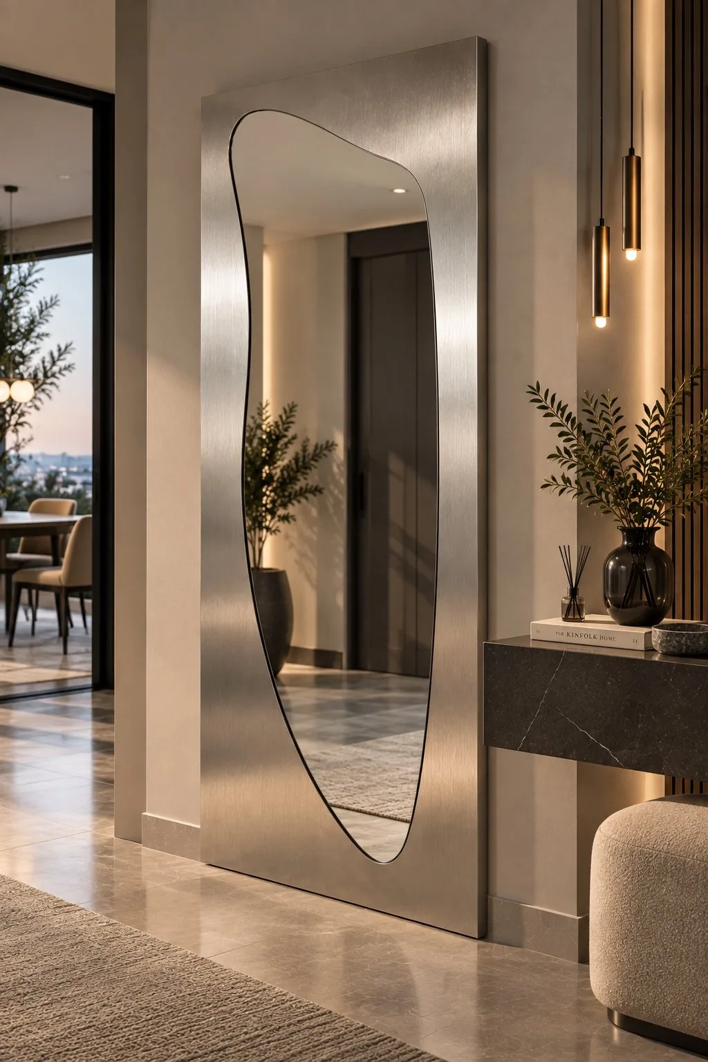 Vega | Paslanmaz Çelik Boy Aynası – 60x160 cm Fırçalı Çelik Çerçeveli Asimetrik Tam Boy Dekoratif Duvar Aynası 2 cm Apkant Modern Tasarım — görsel 5