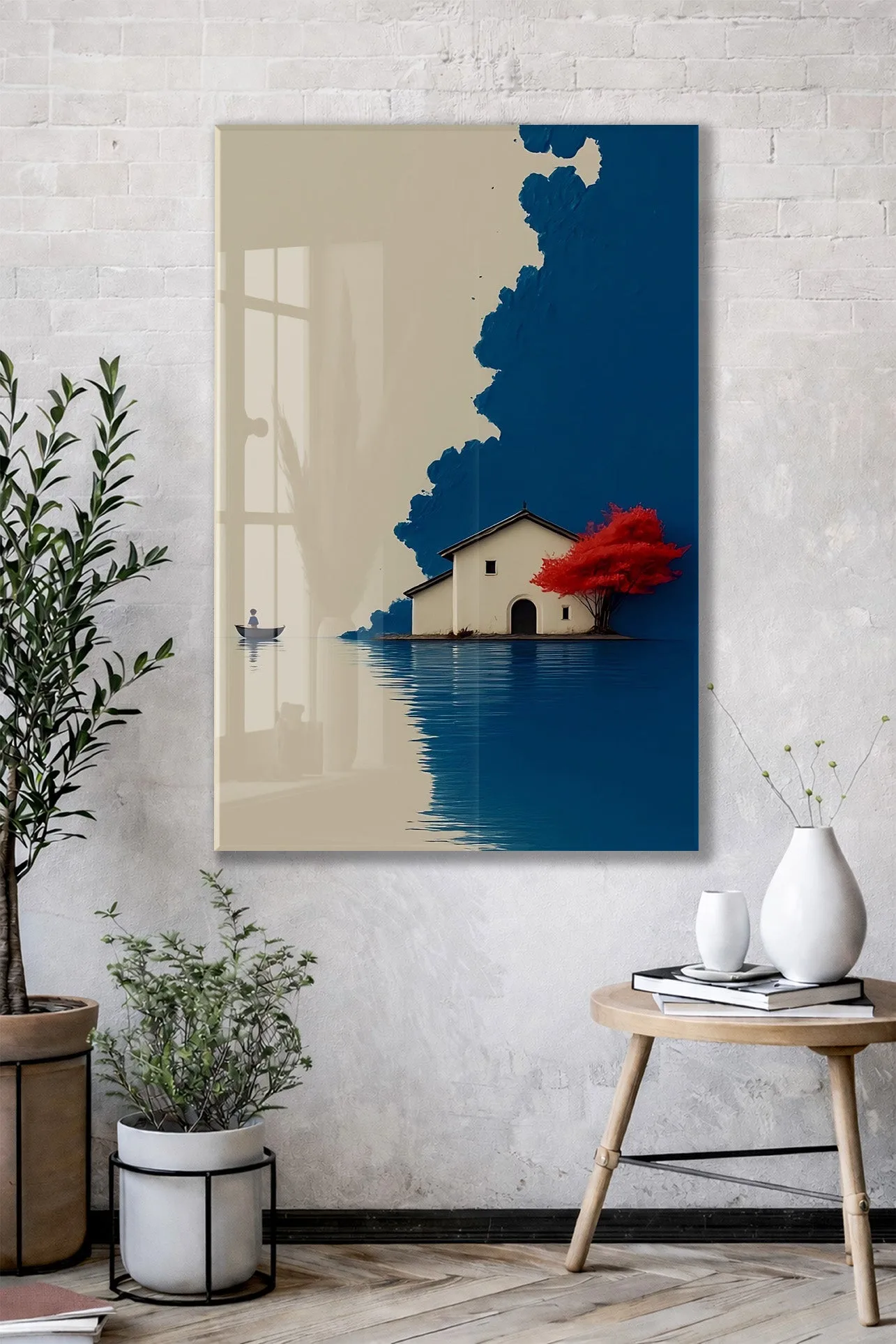 Minimal Göl Evi Manzarası – Kırmızı Ağaçlı Modern Duvar Tablosu - Peony133 — görsel 2