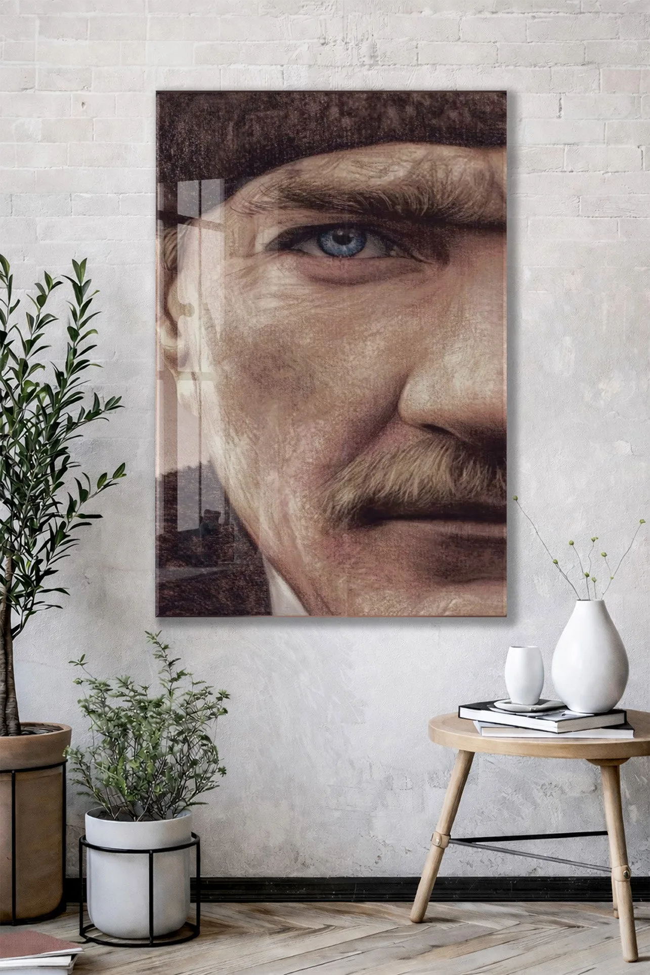 Atatürk Mavi Göz Detayı Cam Tablo – 4 mm Temperli Cam, Sanatsal Portre Duvar Dekoru -PeonyAta053 — görsel 2