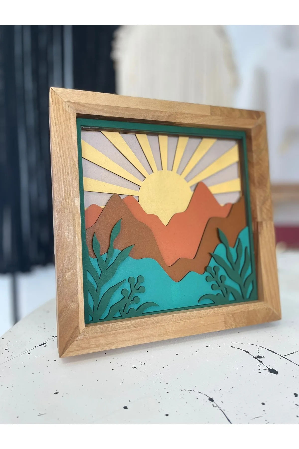 20x20cm El Yapımı 6 Katmanlı Ahşap Dağ ve Güneş Tablosu – Masif Çerçeveli — görsel 2