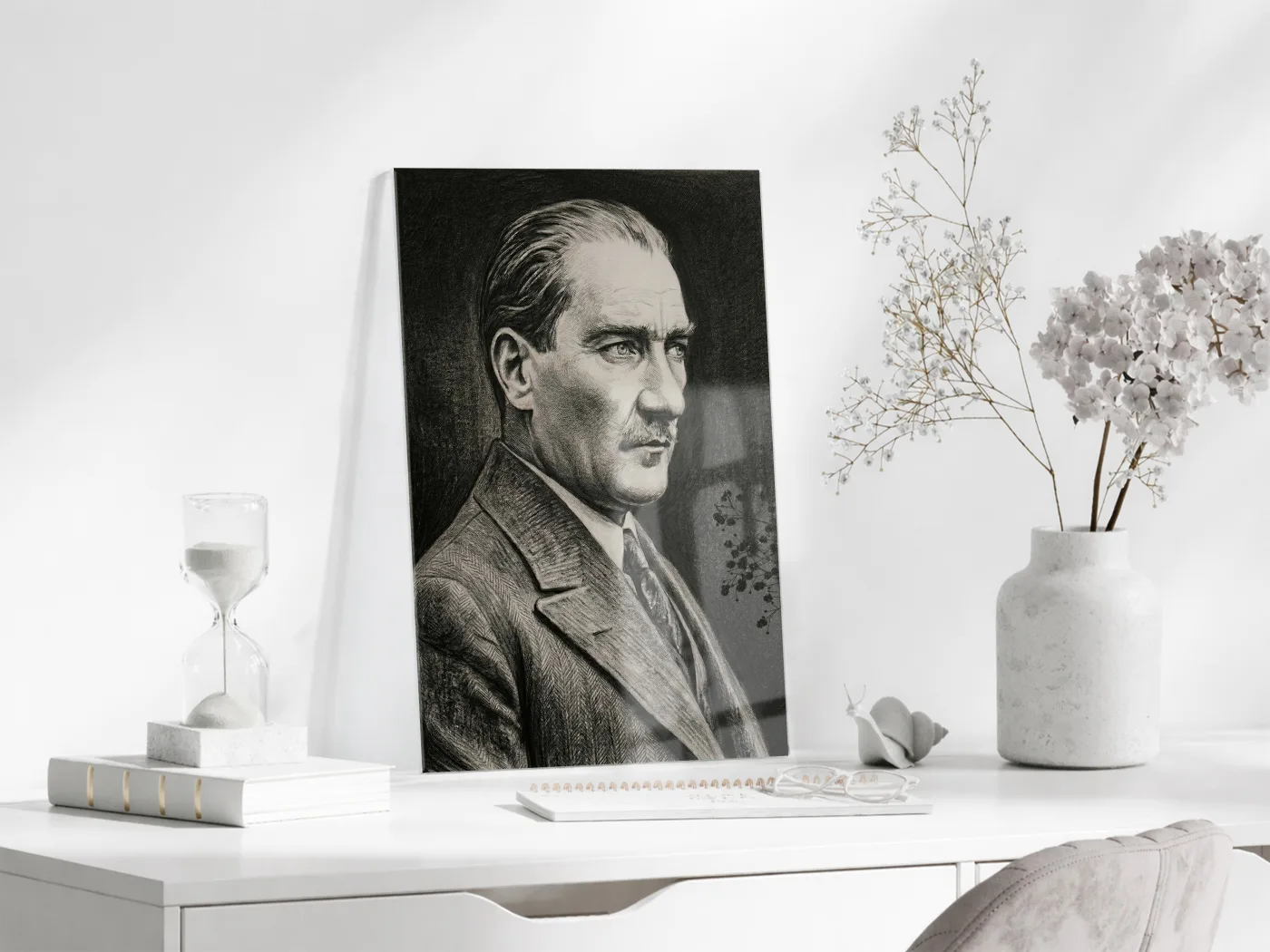 Mustafa Kemal Atatürk Karakalem Cam Tablo | Sanatsal 4 mm Temperli UV Baskılı Duvar Dekoru -PeonyAta1307 — görsel 3