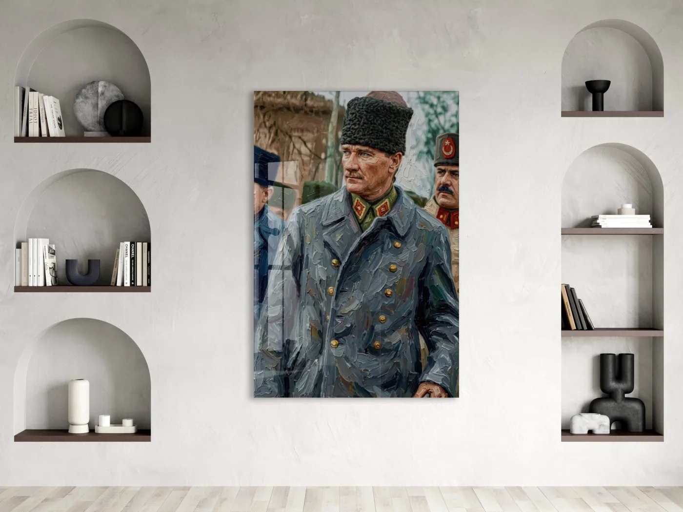 Kalpaklı Atatürk Cam Tablo – Asker Üniformalı Yağlı Boya Görünümlü Atatürk Tablosu-PeonyAta1347 — görsel 3