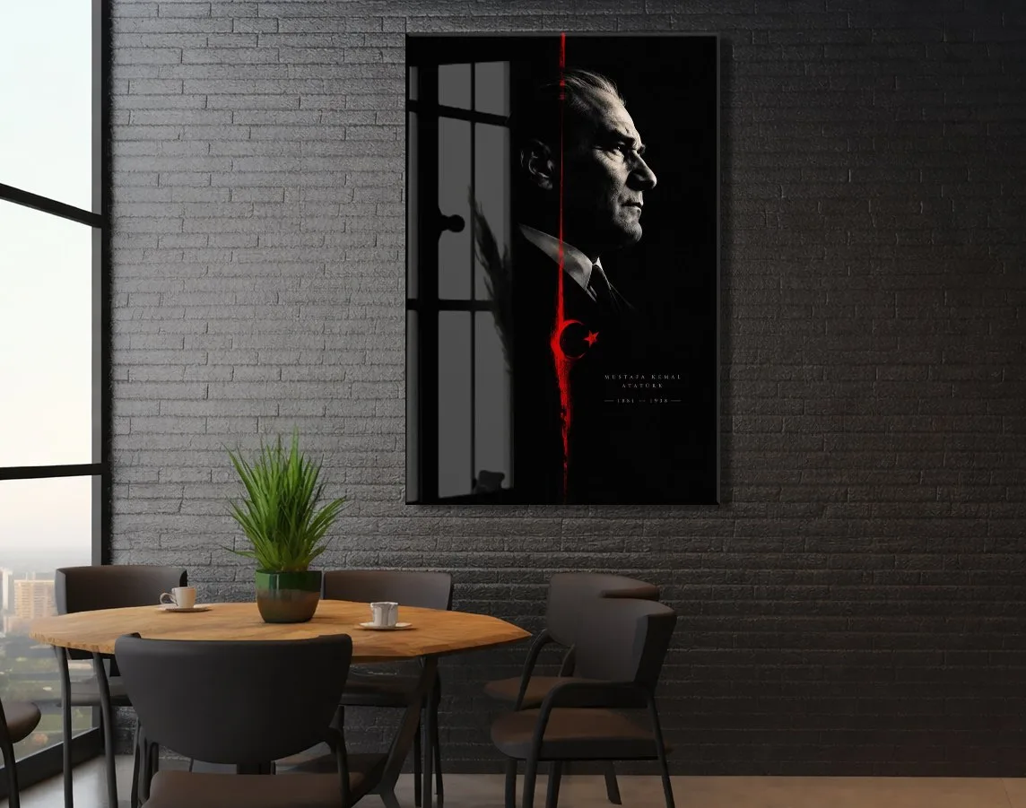 Atatürk ve Türk Bayrağı Cam Tablo – Siyah Kırmızı Mustafa Kemal Atatürk Portresi-PeonyAta1348 — görsel 6
