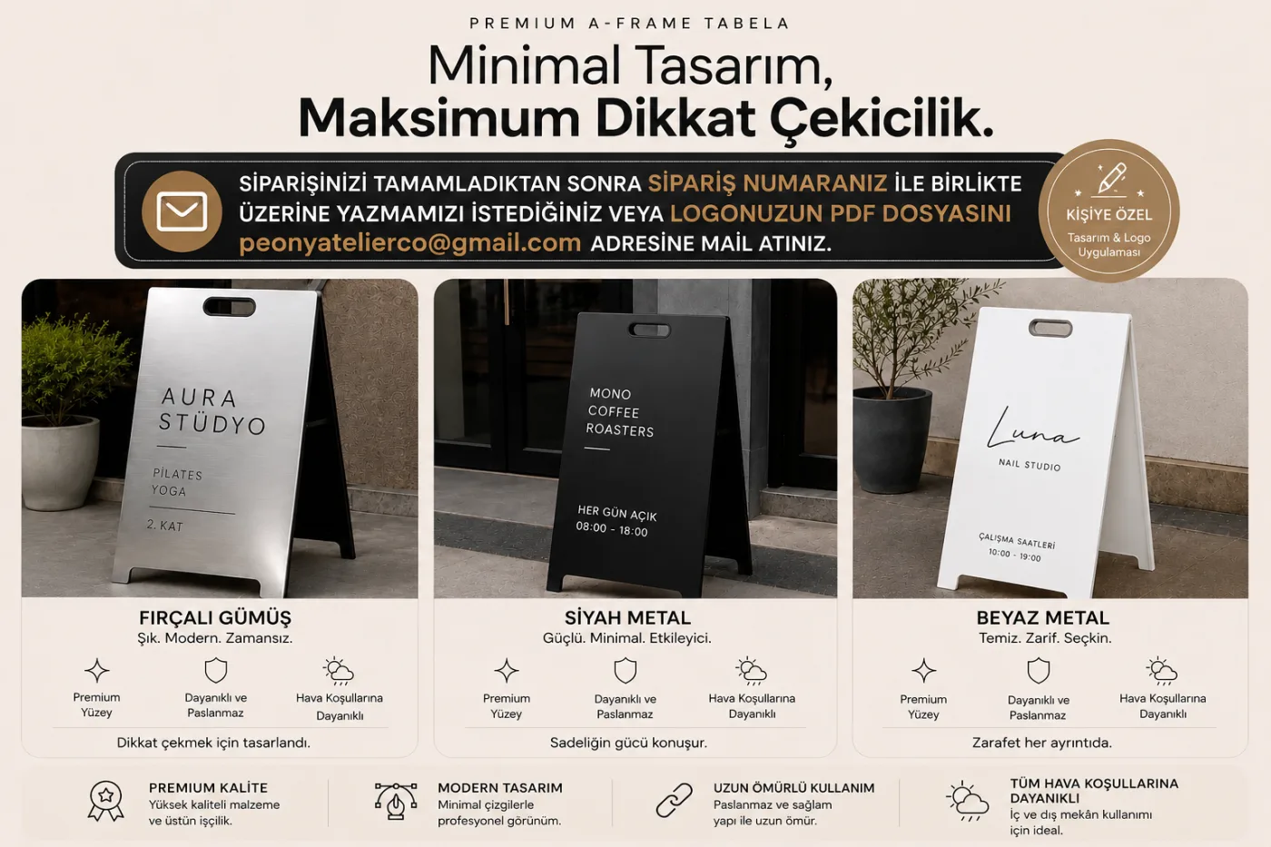 Fırçalı Paslanmaz Çelik Dış Mekan Kaldırım Tabelası | Fırçalı Paslanmaz A Tabela | 3 Farklı Boy | İşletme Önü Reklam Tabelası — görsel 6
