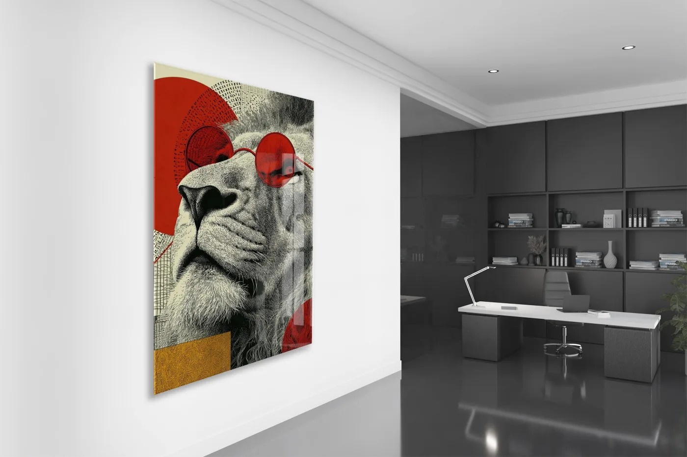 Lider Ruhlu Aslan Cam Tablo – Kırmızı Detaylı Modern Pop Art Duvar Dekoru - Peony080 — görsel 5