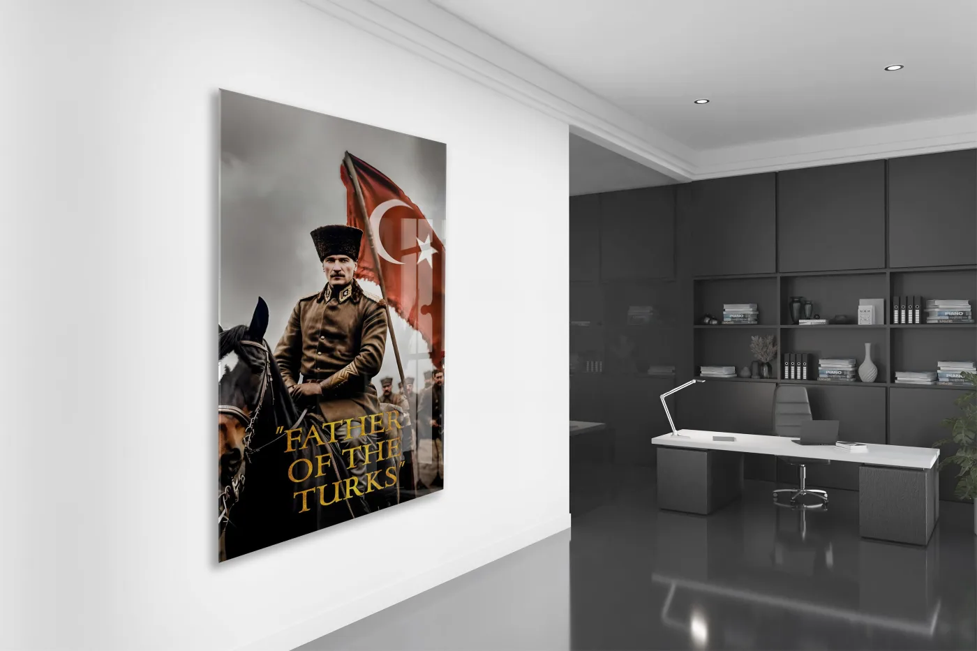 Father Of The Turks , Atatürk At Üzerinde Cam Tablo – Türk Bayraklı Başkomutan Portresi 4 mm Temperli Cam -PeonyAta061 — görsel 5