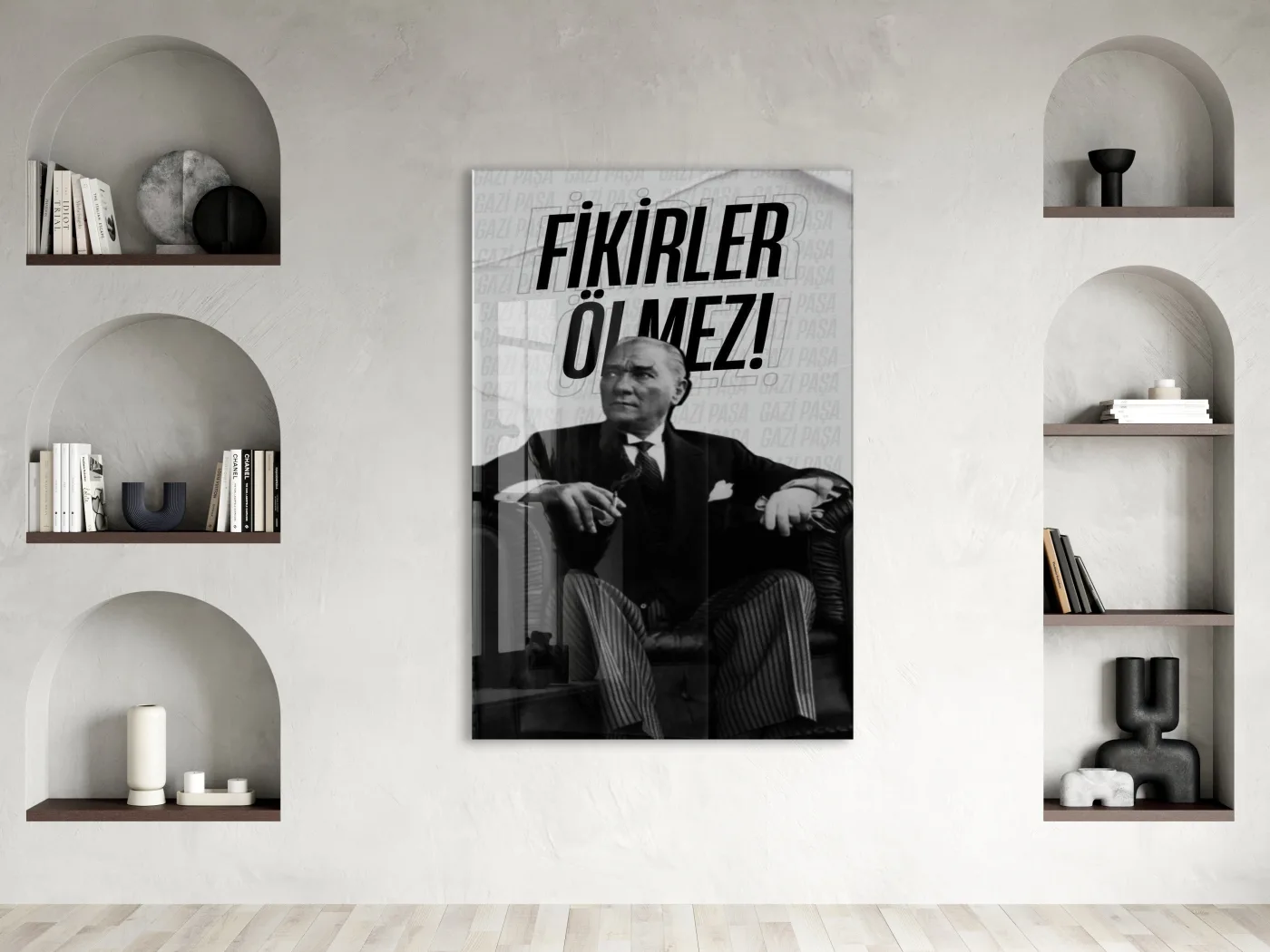 Fikirler Ölmez Atatürk Cam Tablo | Siyah Beyaz Tipografik Atatürk Portresi, İlham Veren Duvar Dekoru, 4mm Temperli Cam UV Baskı PeonyAta046 — görsel 2