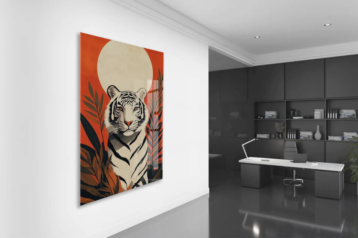 White Tiger Art – Tropikal Yapraklı Minimal Cam Tablo - Peony142 — görsel 5