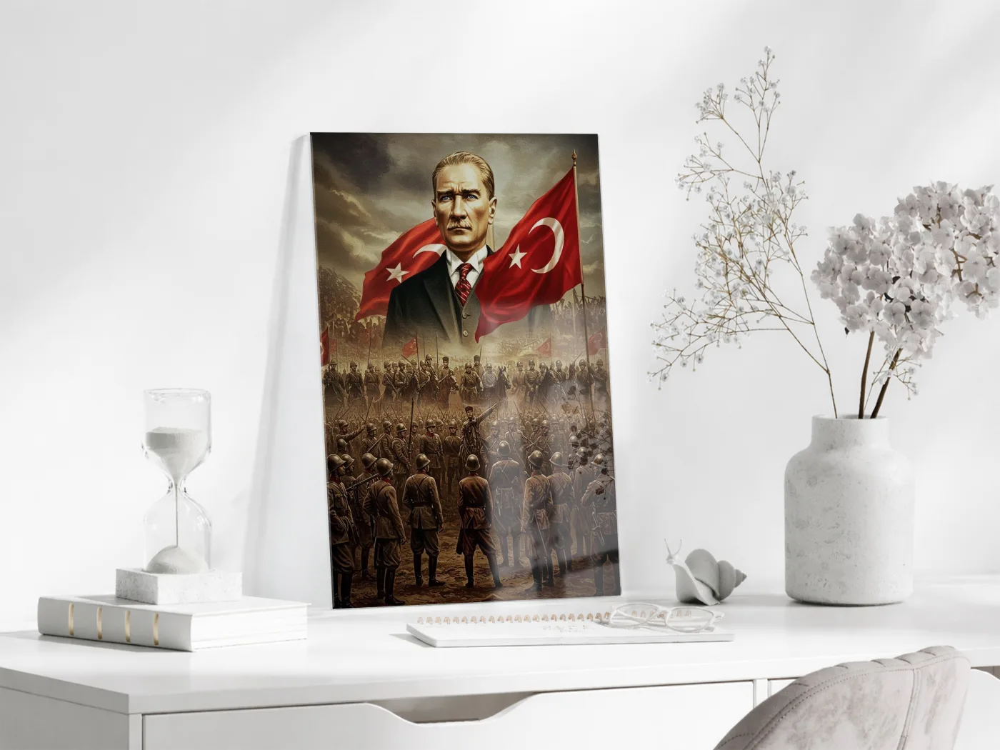Atatürk ve Türk Bayrağı Cam Baskı Tablo | Kurtuluş Savaşı Temalı Tarihi Duvar Dekoru, 4mm Temperli Cam, Yüksek Çözünürlüklü UV Baskı PeonyAta044 — görsel 5