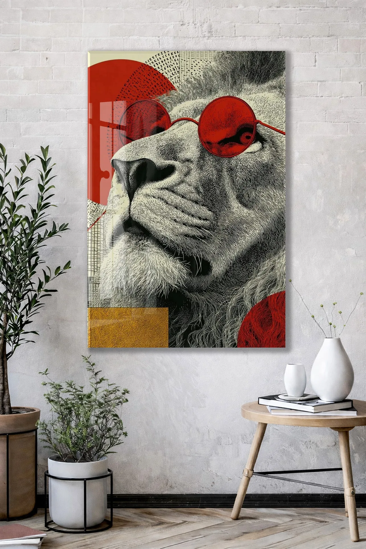 Lider Ruhlu Aslan Cam Tablo – Kırmızı Detaylı Modern Pop Art Duvar Dekoru - Peony080 — görsel 2