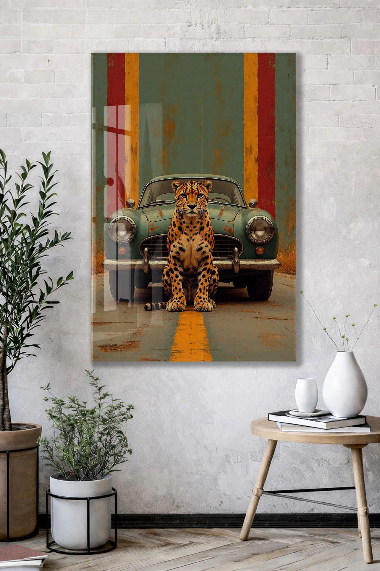 Klasik Otomobil ve Leopar Cam Tablo – Modern Urban Duvar Sanatı - Peony087 — görsel 2