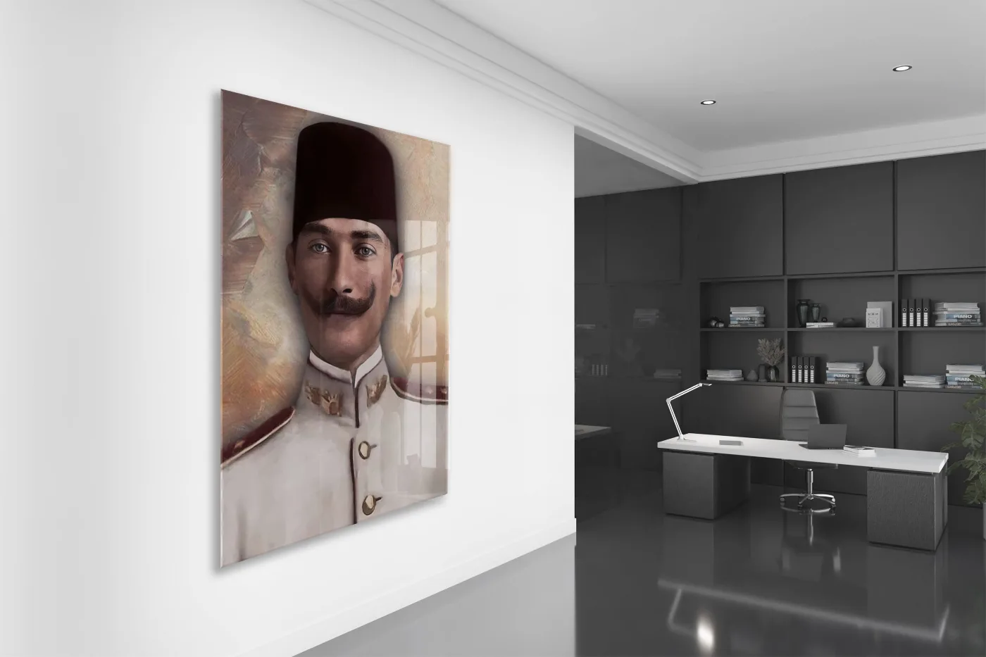 Atatürk Cam Tablo – Fesli Portre Tasarımı, 4 mm Temperli Cam Üzerine Modern ve Klasik Duvar Dekoru -PeonyAta1020 — görsel 5