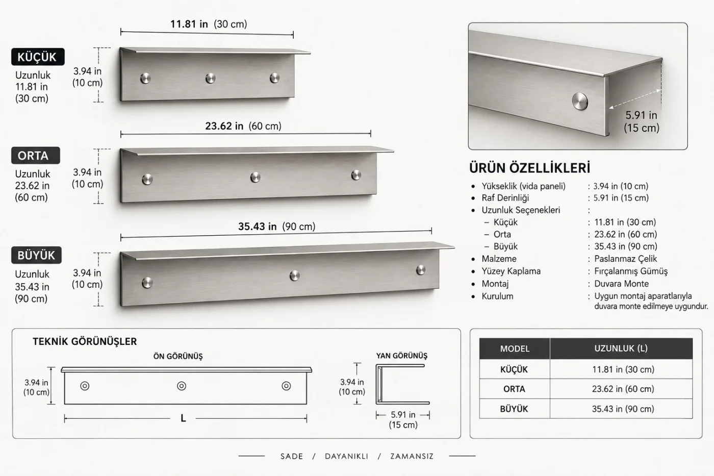 LEVIA | Paslanmaz Çelik Duvar Rafı – Fırçalı Metal Dekoratif Raf 30, 60 ve 90 cm — görsel 7