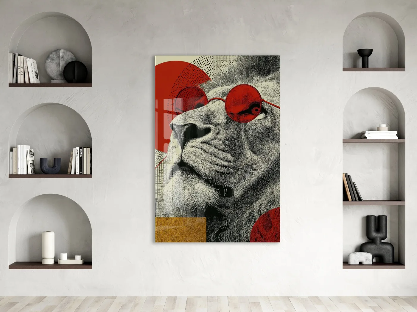 Lider Ruhlu Aslan Cam Tablo – Kırmızı Detaylı Modern Pop Art Duvar Dekoru - Peony080 — görsel 3