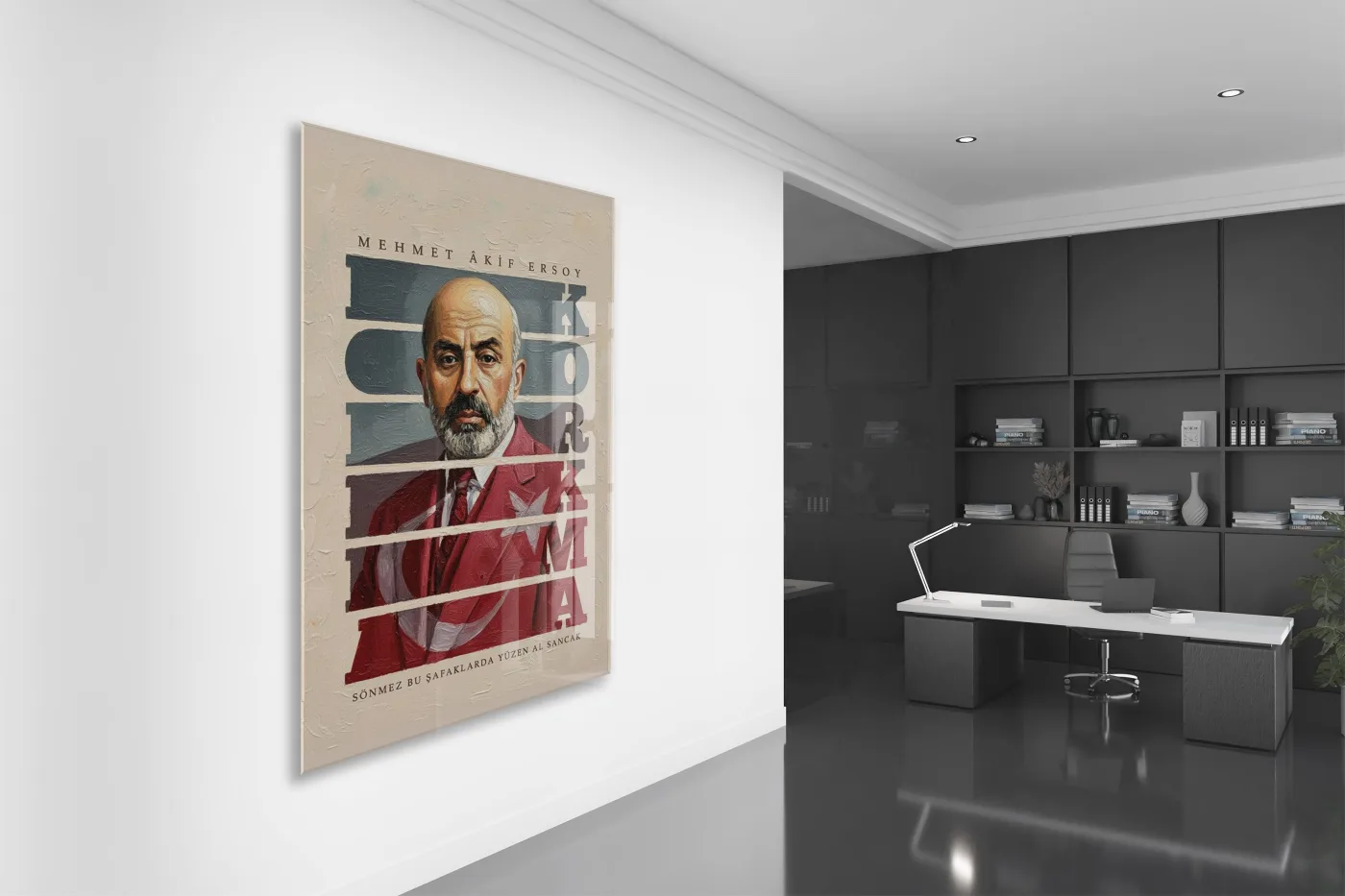 Mehmet Akif Ersoy Cam Tablo – “Korkma” Temalı Sanatsal Portre, 4 mm Temperli Cam Duvar Dekoru -PeonyAta052 — görsel 5