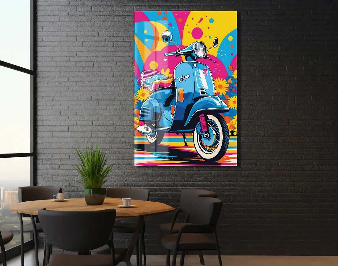 Renkli Vespa Scooter Cam Tablo – Pop Art Stil, UV Baskılı Temperli Cam Duvar Dekoru - Peony040 — görsel 5