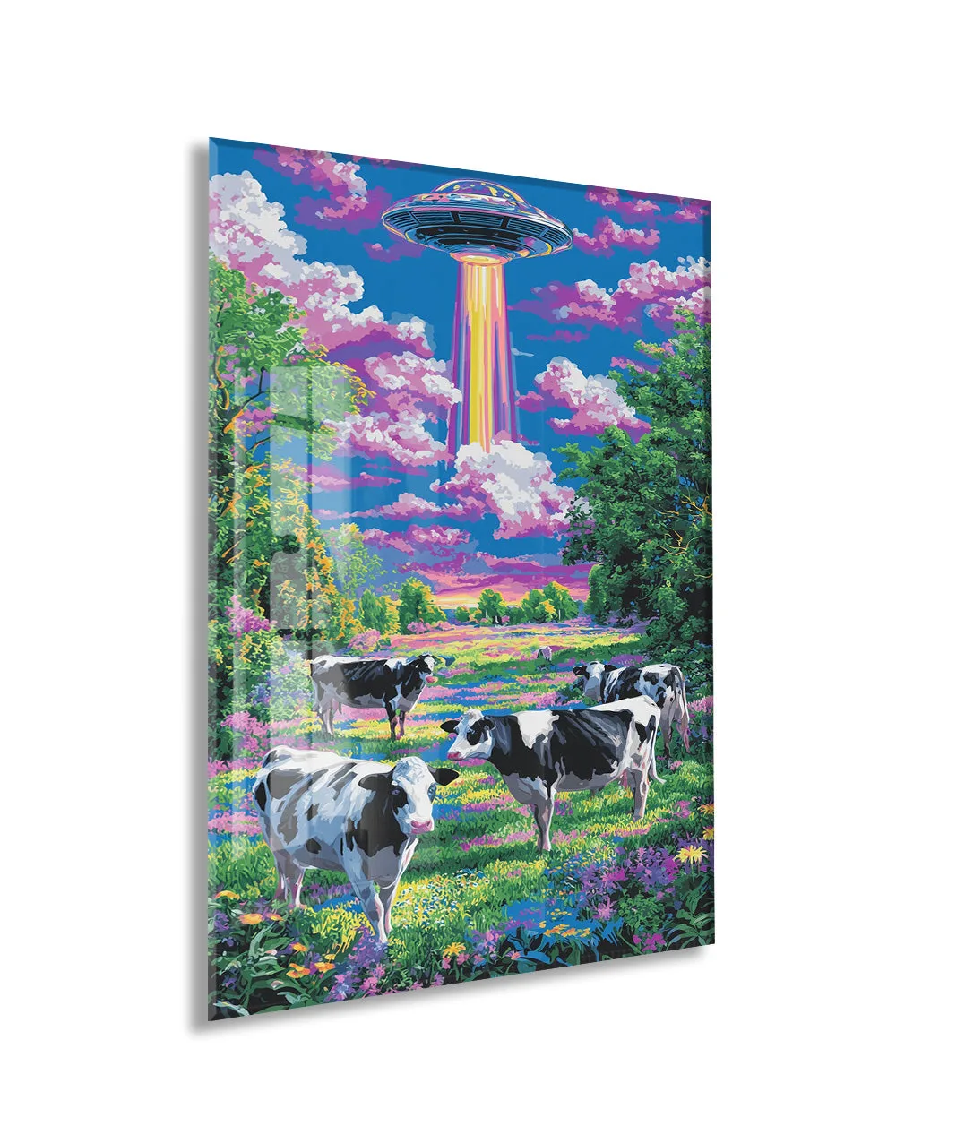 UFO ve Renkli Tarlada İnekler – Fantastik Manzara Duvar Tablosu - Peony128 — görsel 1