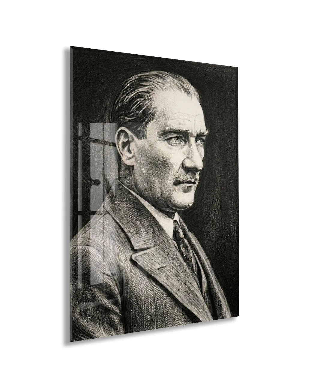 Mustafa Kemal Atatürk Karakalem Cam Tablo | Sanatsal 4 mm Temperli UV Baskılı Duvar Dekoru -PeonyAta1307 — görsel 1
