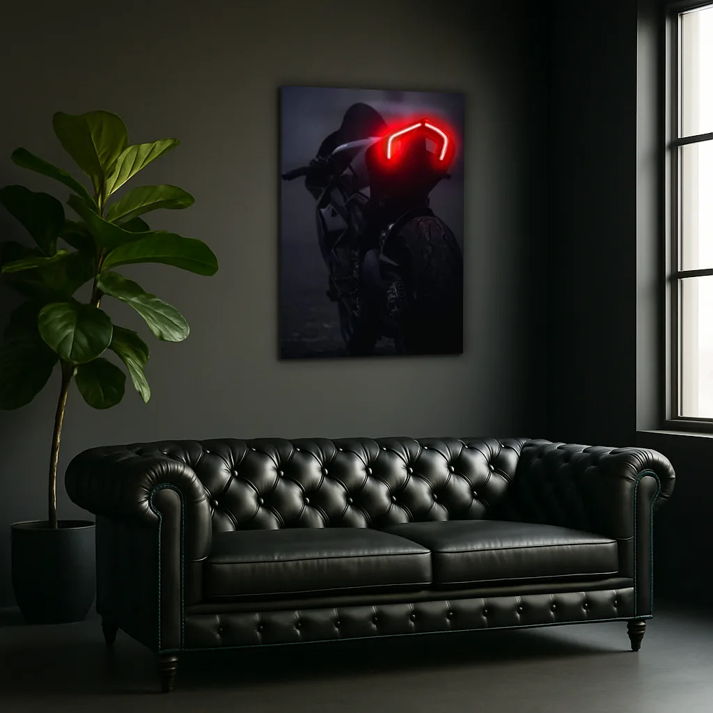 Siyah Motosiklet UV Baskı Neon Duvar Dekoru | Kırmızı Işıklı Pleksi Tablo | Modern ve Minimal Duvar Sanatı — görsel 2