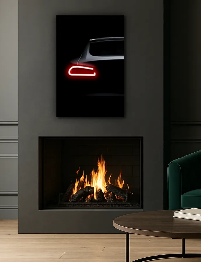 Minimalist Siyah Araba UV Baskı Neon Duvar Dekoru | Kırmızı Işıklı Pleksi Tablo | Modern Salon ve Ofis Duvar Sanatı — görsel 4