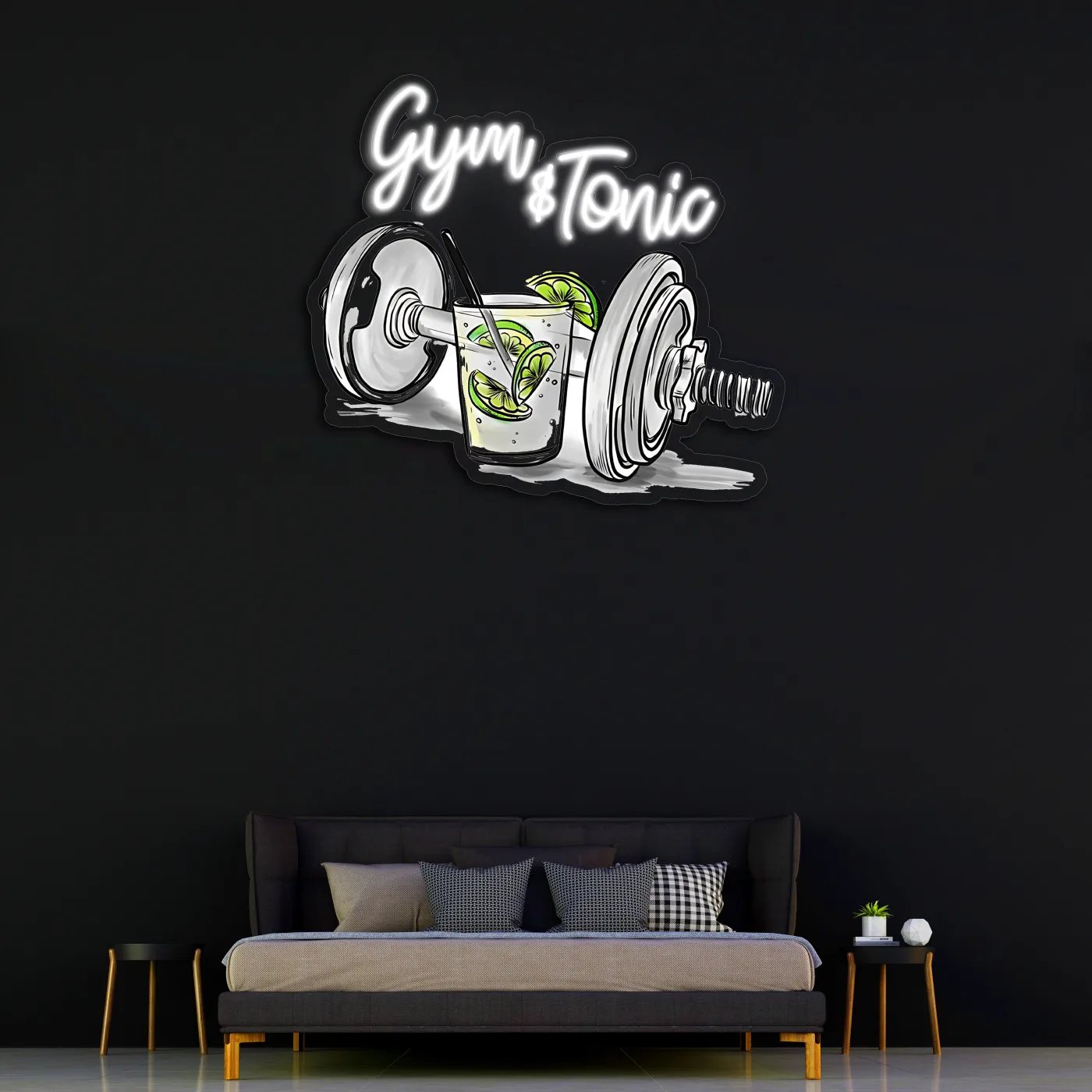 Gym & Tonic Neon Duvar Dekoru | Spor ve Kokteyl Temalı LED Işıklı Tablo | UV Baskı Pleksi Neon | Mizahi Bar ve Ev Dekoru — görsel 4