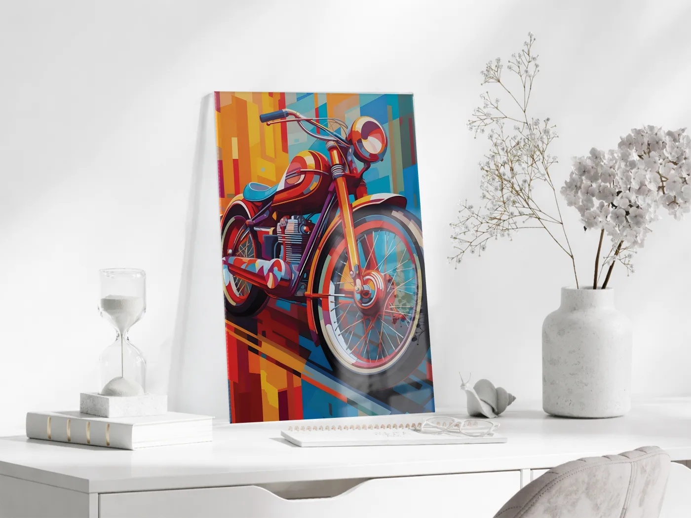Retro Motosiklet Cam Tablo – Modern Geometrik Stil, Renkli UV Baskılı Temperli Cam Duvar Tablosu - Peony039 — görsel 3