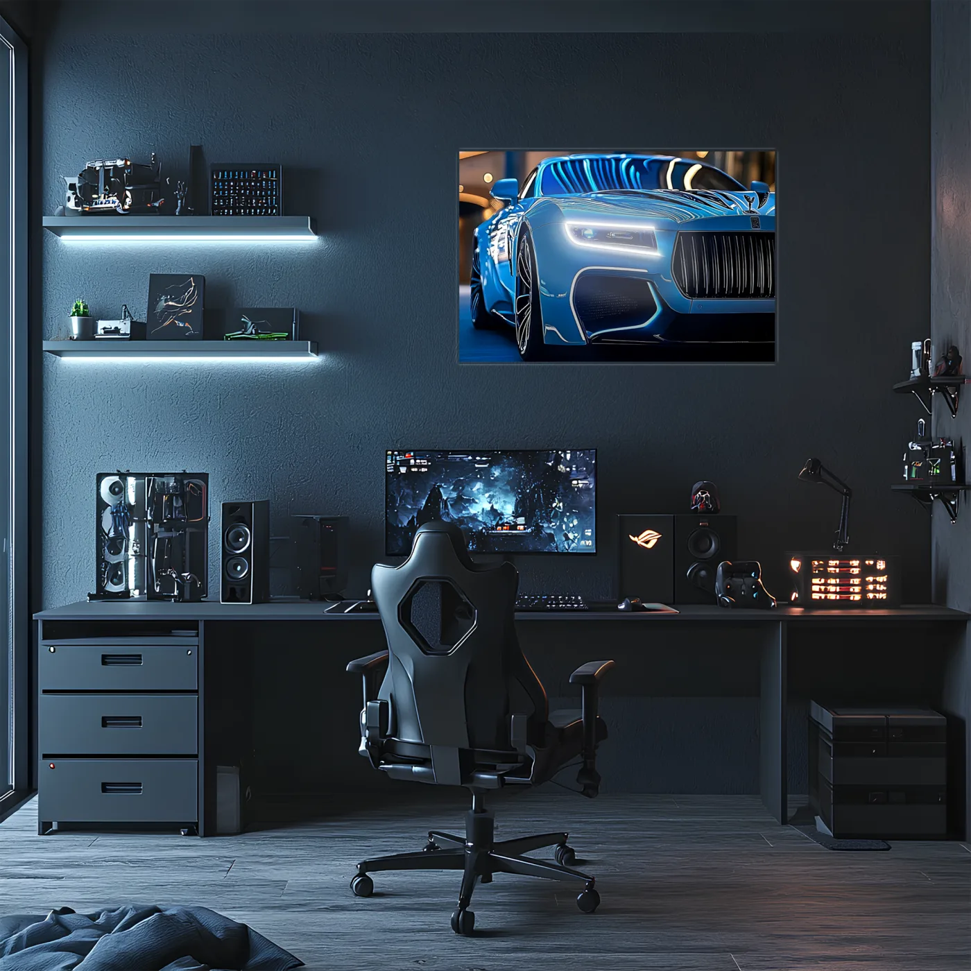 Mavi Spor Araba UV Baskı Neon Duvar Dekoru | Gamer Room Pleksi Işıklı Tablo | Modern Araba Temalı Duvar Sanatı — görsel 2