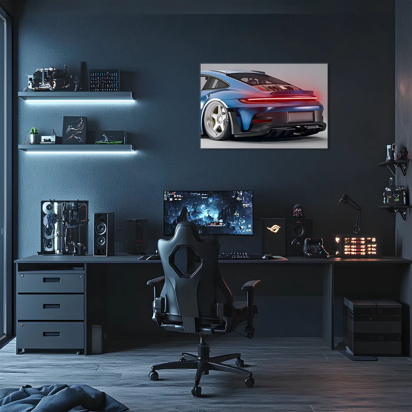 Mavi GT Tarzı Spor Araba UV Baskı Neon Duvar Dekoru | Pleksi Işıklı Tablo | Modern Ev ve Ofis Dekoru — görsel 2