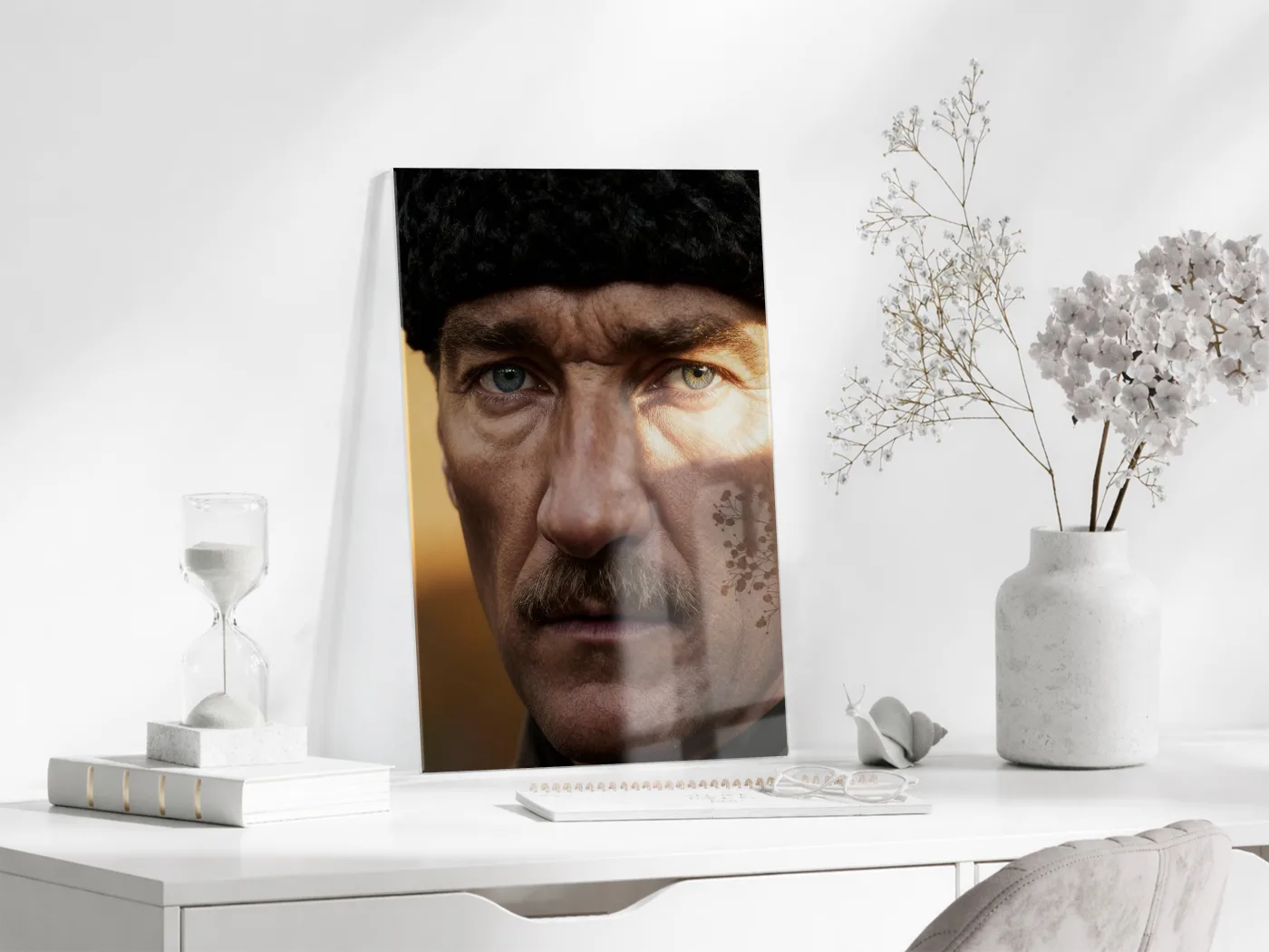 Mustafa Kemal Atatürk Portre Cam Tablo – Siyah Beyaz Derin Bakışlı Modern Duvar Dekoru -PeonyAta069 — görsel 4