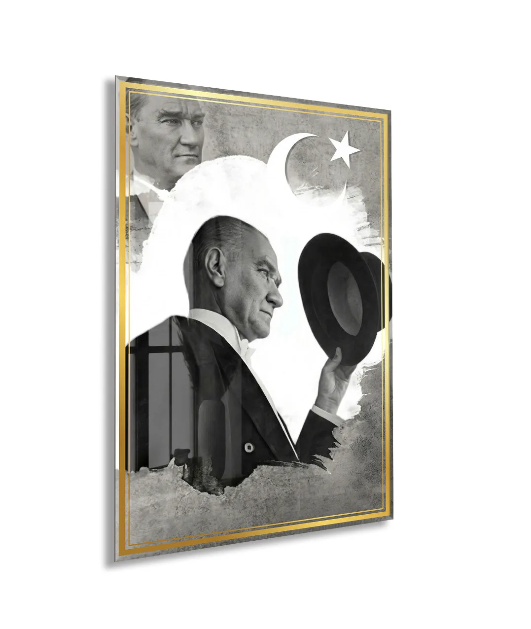 Şapkalı Mustafa Kemal Atatürk Cam Tablo | Sanatsal 4 mm Temperli UV Baskılı Duvar Dekoru -PeonyAta1306 — görsel 1