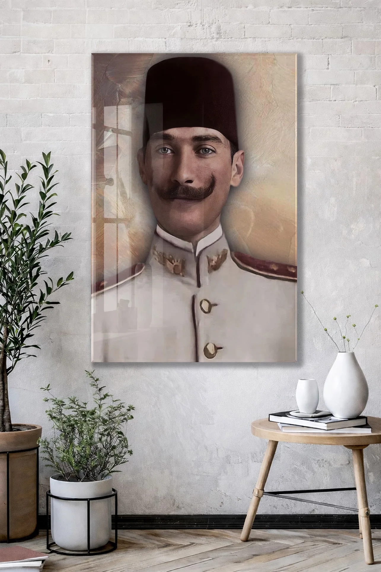 Atatürk Cam Tablo – Fesli Portre Tasarımı, 4 mm Temperli Cam Üzerine Modern ve Klasik Duvar Dekoru -PeonyAta1020 — görsel 3