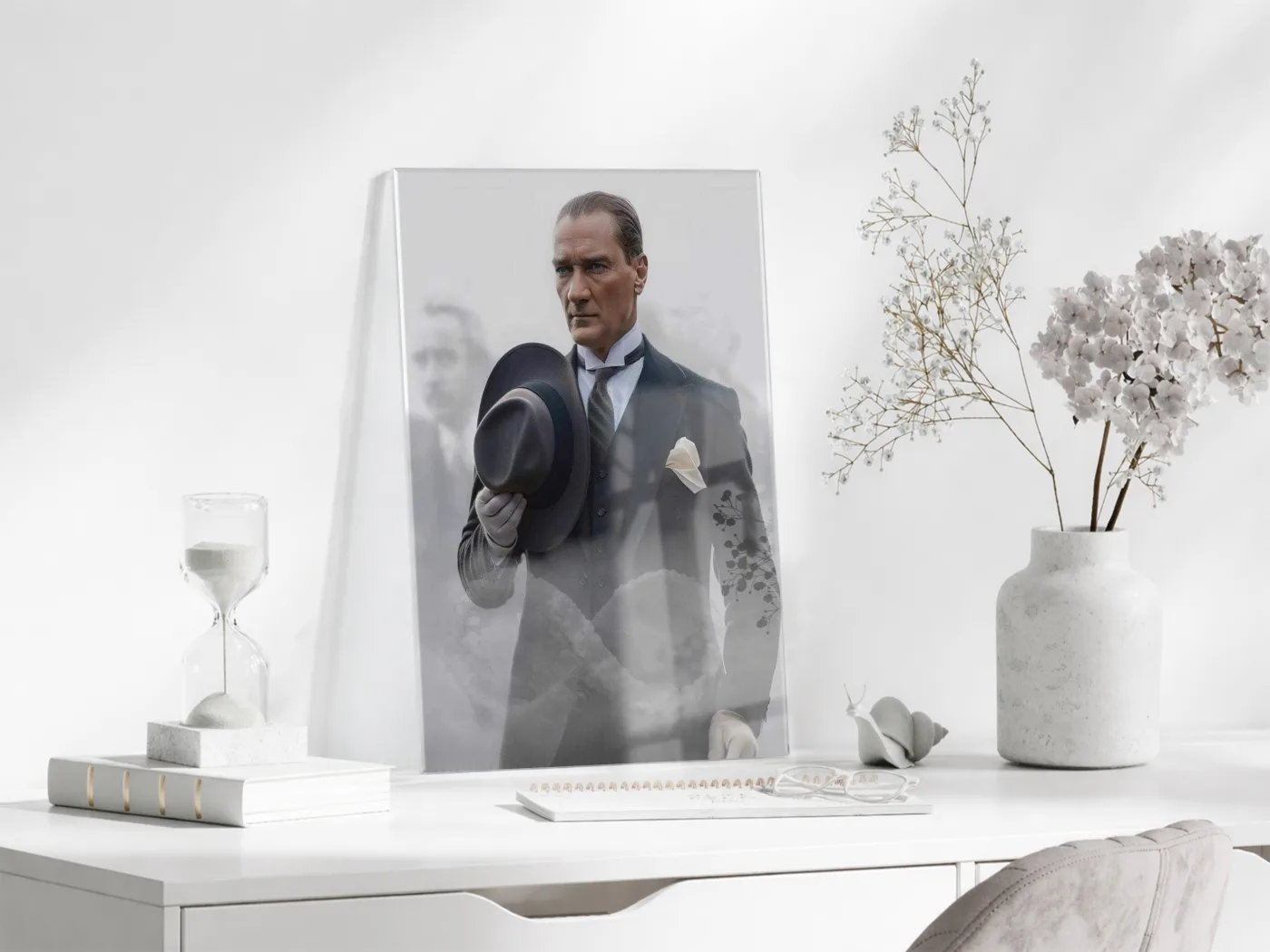 Atatürk Şapkalı Portre Cam Tablo | Zarif ve Güçlü Atatürk Tasviri, Modern Duvar Dekoru, UV Baskı Temperli Cam PeonyAta048 — görsel 4