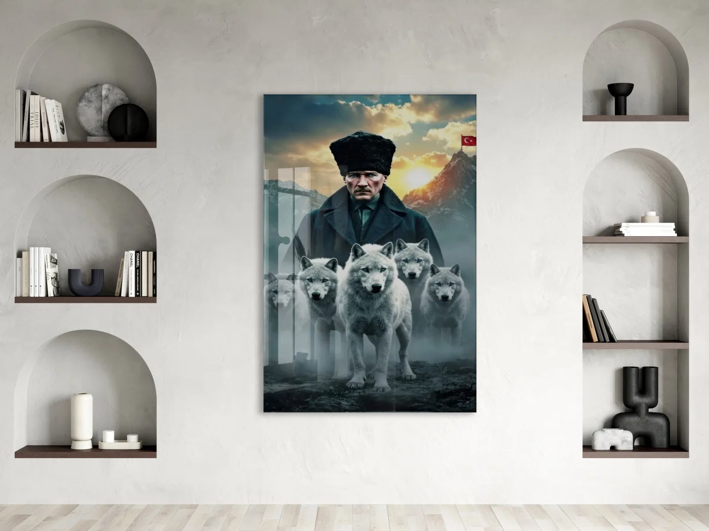 Atatürk ve Kurtlar Cam Baskı Tablo | Güç ve Liderlik Temalı Modern Sanatsal Duvar Dekoru, 4mm Temperli Cam, Yüksek Çözünürlüklü UV Baskı PeonyAta043 — görsel 2