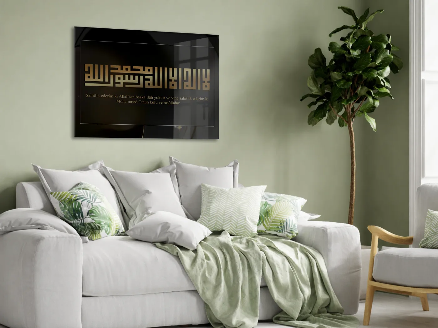 Altın Kufi Hat ile Kelime-i Şehadet – Modern Siyah Cam Tablo - PeonyDini085 — görsel 3