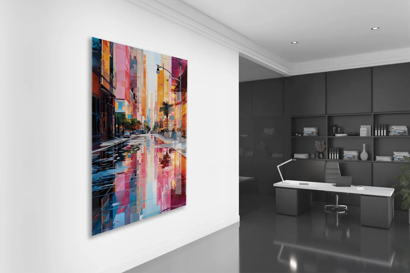 Renkli Modern Şehir Sokağı Cam Tablo – Yansımalı Sokak Manzarası ve Çağdaş Duvar Dekoru - Peony056 — görsel 5