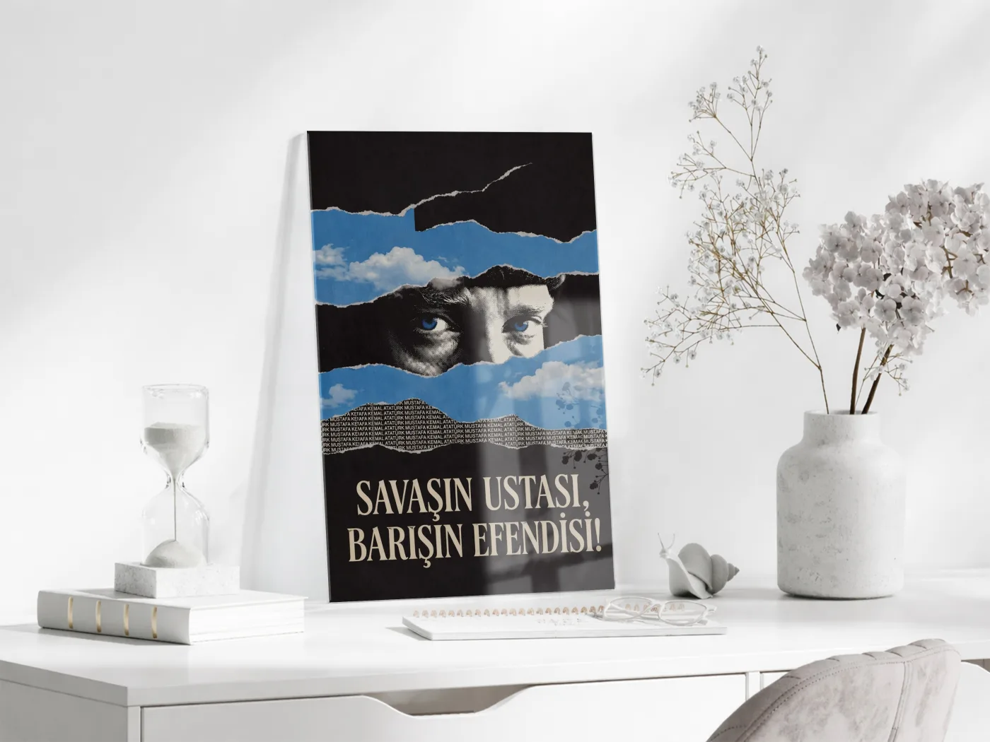 Mustafa Kemal Atatürk Savaşın Ustası Barışın Efendisi Cam Tablo – Modern Mavi Siyah Atatürk Duvar Dekoru -PeonyAta076 — görsel 4