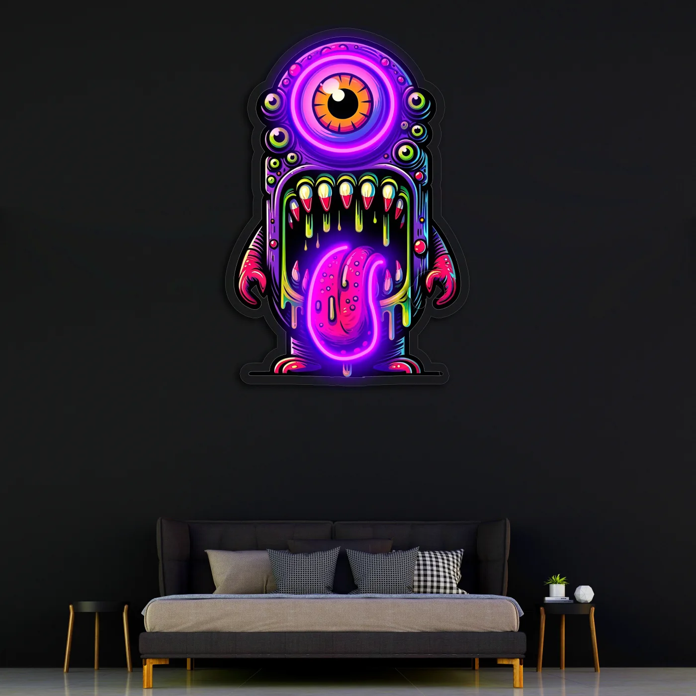 Renkli Canavar Neon Duvar Dekoru | Tek Gözlü Sanatsal LED Tablo | Pleksi UV Baskı Işıklı Pop Art Duvar Sanatı — görsel 3