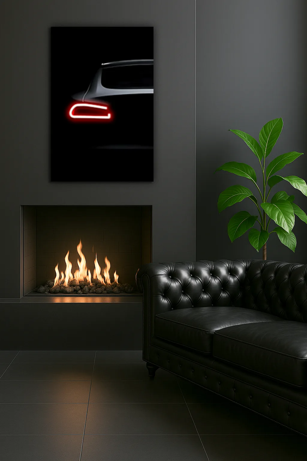 Minimalist Siyah Araba UV Baskı Neon Duvar Dekoru | Kırmızı Işıklı Pleksi Tablo | Modern Salon ve Ofis Duvar Sanatı — görsel 3