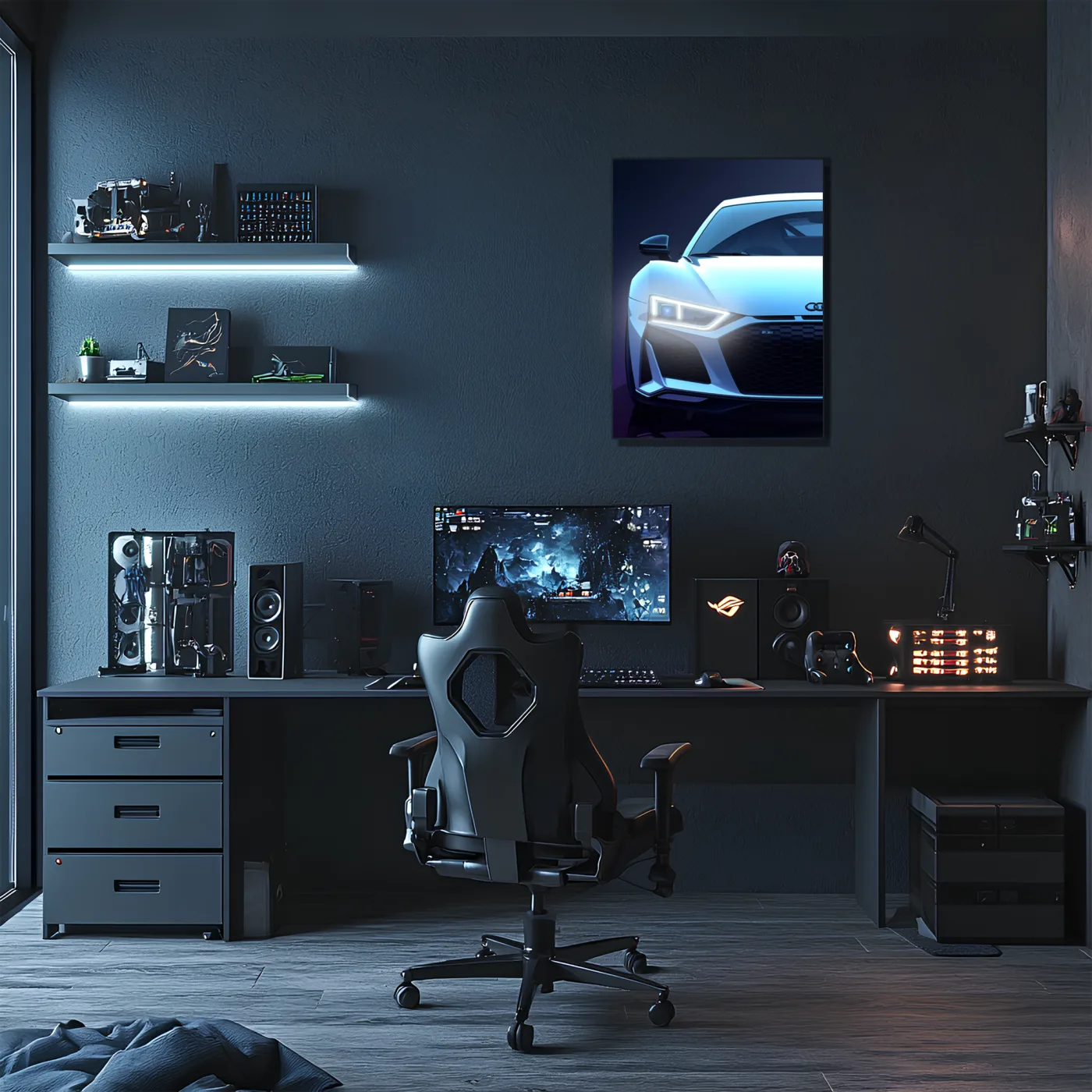 Audi R Tarzı UV Baskı Neon Duvar Dekoru | Pleksi Işıklı Spor Araba Tablo | Gamer Room Dekorasyonu — görsel 2