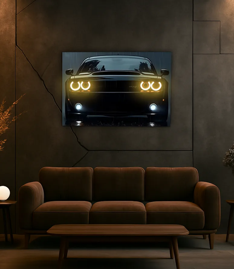 Siyah Muscle Car UV Baskı Neon Duvar Dekoru | Pleksi Işıklı Araba Tablo | Güçlü Far Efektli Modern Duvar Sanatı — görsel 1
