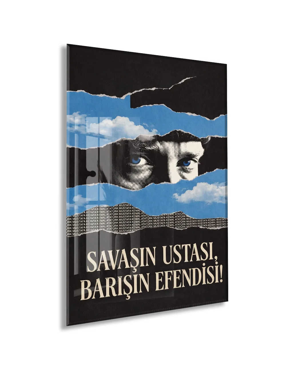 Mustafa Kemal Atatürk Savaşın Ustası Barışın Efendisi Cam Tablo – Modern Mavi Siyah Atatürk Duvar Dekoru -PeonyAta076 — görsel 1