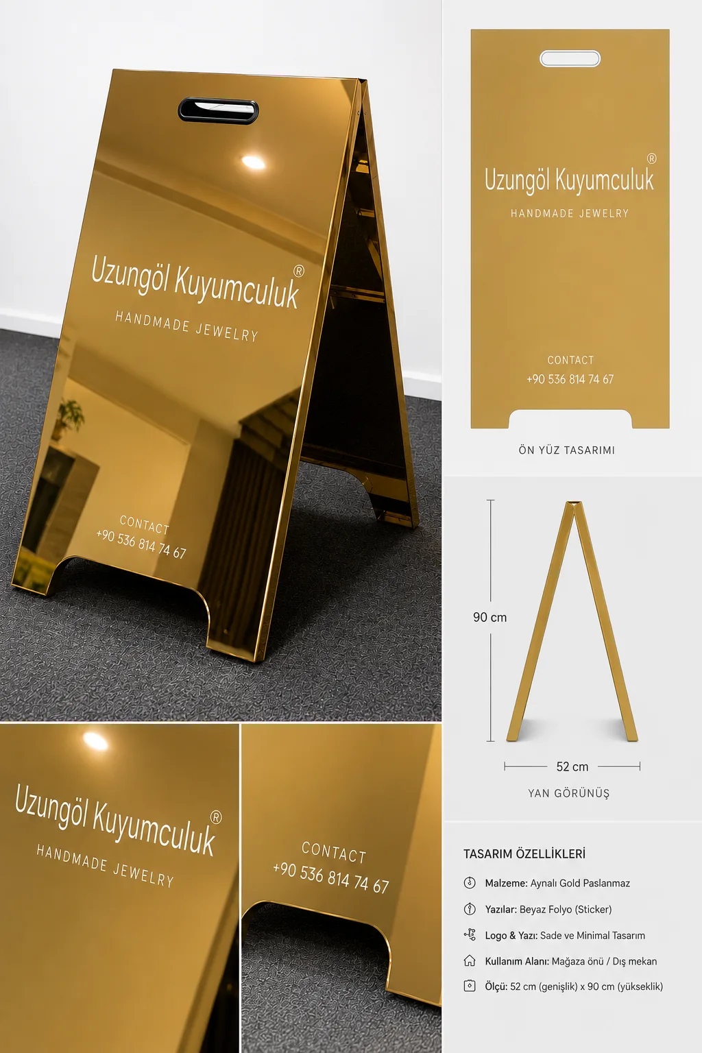 Aynalı Gold Paslanmaz A Tabela | Lüks Metal Kaldırım Tabelası | Dış Mekan Reklam Standı | 3 Boy Seçeneği — görsel 4