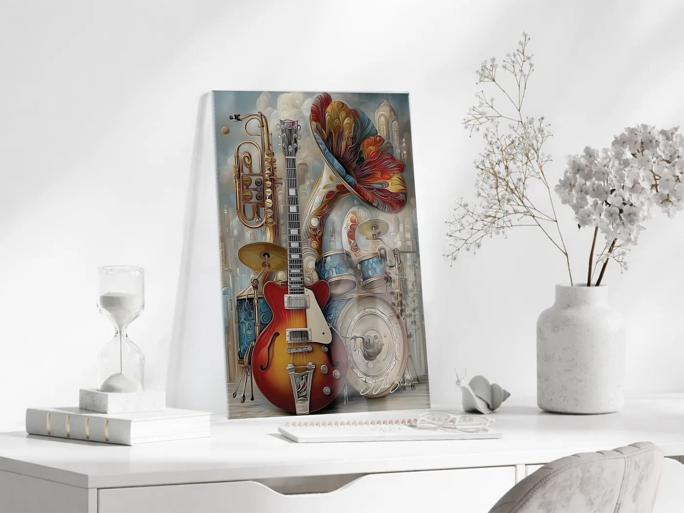 Modern Müzik Temalı Cam Tablo – Gitar, Trompet ve Davul Detaylı, Sanatsal UV Baskılı Temperli Cam Duvar Dekoru - Peony043 — görsel 3